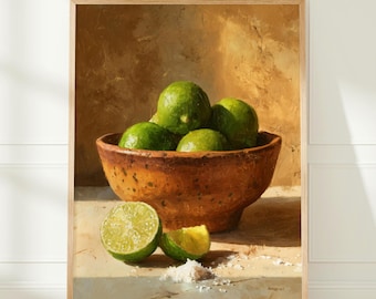 Lime Still Life Digital Print | Mexican Kitchen Wall Art | Rustic Fruit Painting | Terracotta Bowl Artwork | Hacienda Decor | Cocina Art