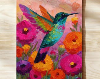 Colorful Hummingbird Unframed Poster | Mexican Folk Art Wall Decor | Bright Floral Boho Bird Print | Vibrant Nature Home Art