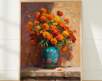 Mexican Marigold Art Print | Turquoise Pottery Wall Art | Dia De Muertos Decor | Vibrant Floral Painting | Mexican Folk Art Digital Download