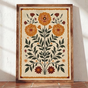 Affiche de soucis mexicains impression florale folklorique Latinx, Art mural Latinx, affiche du patrimoine hispanique, décoration de cuisine bohème, style vintage floral automne rustique