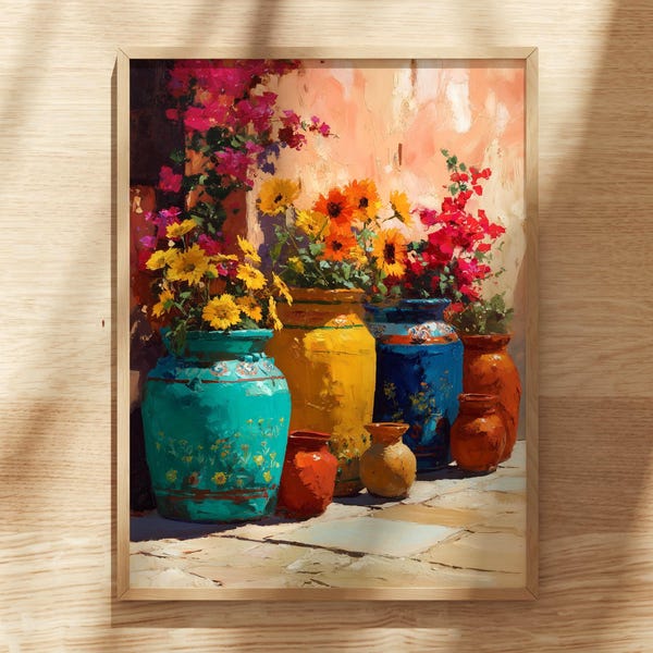 Mexican Pottery Art Print | Colorful Talavera Flower Pots | Vibrant Sunflower Wall Art | Mexican Folk Art Decor | Digital Download Print
