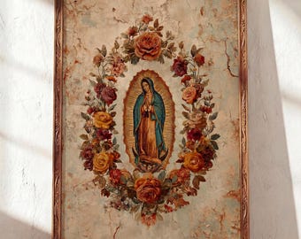 May include: A rectangular framed print featuring a central illustration of the Virgin of Guadalupe surrounded by an oval wreath of multi-colored roses in shades of red, orange, and pink, set against a textured, weathered beige background.