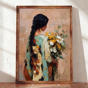 Latina Woman with Marigolds Unframed Poster | Mexican Floral Heritage Wall Art | Cempasúchil Folk Painting Print