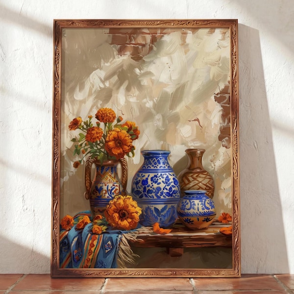 Mexican Talavera Vase Unframed Poster Marigold Cempasúchil Wall Art Hispanic Heritage Latinx Kitchen Decor Rustic Blue Pottery Print