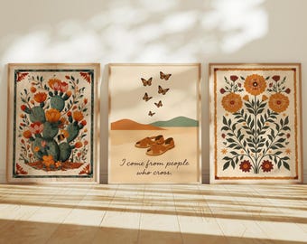 Mexican Folk Floral & Immigrant Pride Digital Print Set | Boho Wall Art | Hispanic Heritage Decor | Latinx Home Printable Art (Set of 3)