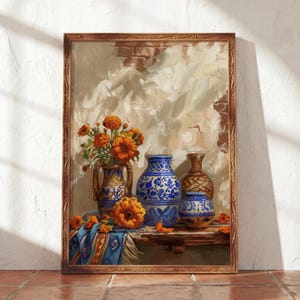 Mexican Talavera Vase Unframed Poster Marigold Cempasúchil Wall Art Hispanic Heritage Latinx Kitchen Decor Rustic Blue Pottery Print