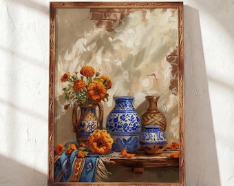 Mexican Talavera Vase Unframed Poster Marigold Cempasúchil Wall Art Hispanic Heritage Latinx Kitchen Decor Rustic Blue Pottery Print