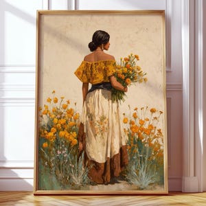 May include: A framed painting depicts a person from behind, wearing an off-the-shoulder yellow floral top and a long white skirt with a brown hem. The person holds a bouquet of yellow flowers while standing in a field of yellow wildflowers.