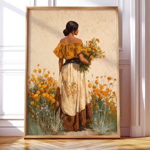 May include: A framed art print depicts a woman in a yellow off-the-shoulder top and long skirt, holding a bouquet of yellow flowers. The artwork is set in a field of yellow flowers, with a neutral background and a gold frame.