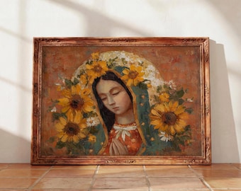 May include: A framed painting of a woman with a serene expression, adorned with a sunflower crown and surrounded by sunflowers. The artwork features warm tones of orange, yellow, and green, with a detailed, vintage aesthetic.