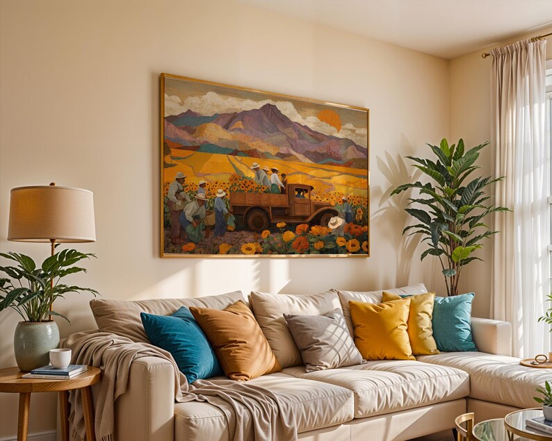 May include: A framed painting depicts a harvest scene with a truck in a sunflower field, mountains, and a setting sun. The painting hangs above a beige sectional sofa with colorful throw pillows. A lamp and potted plant are on a side table.