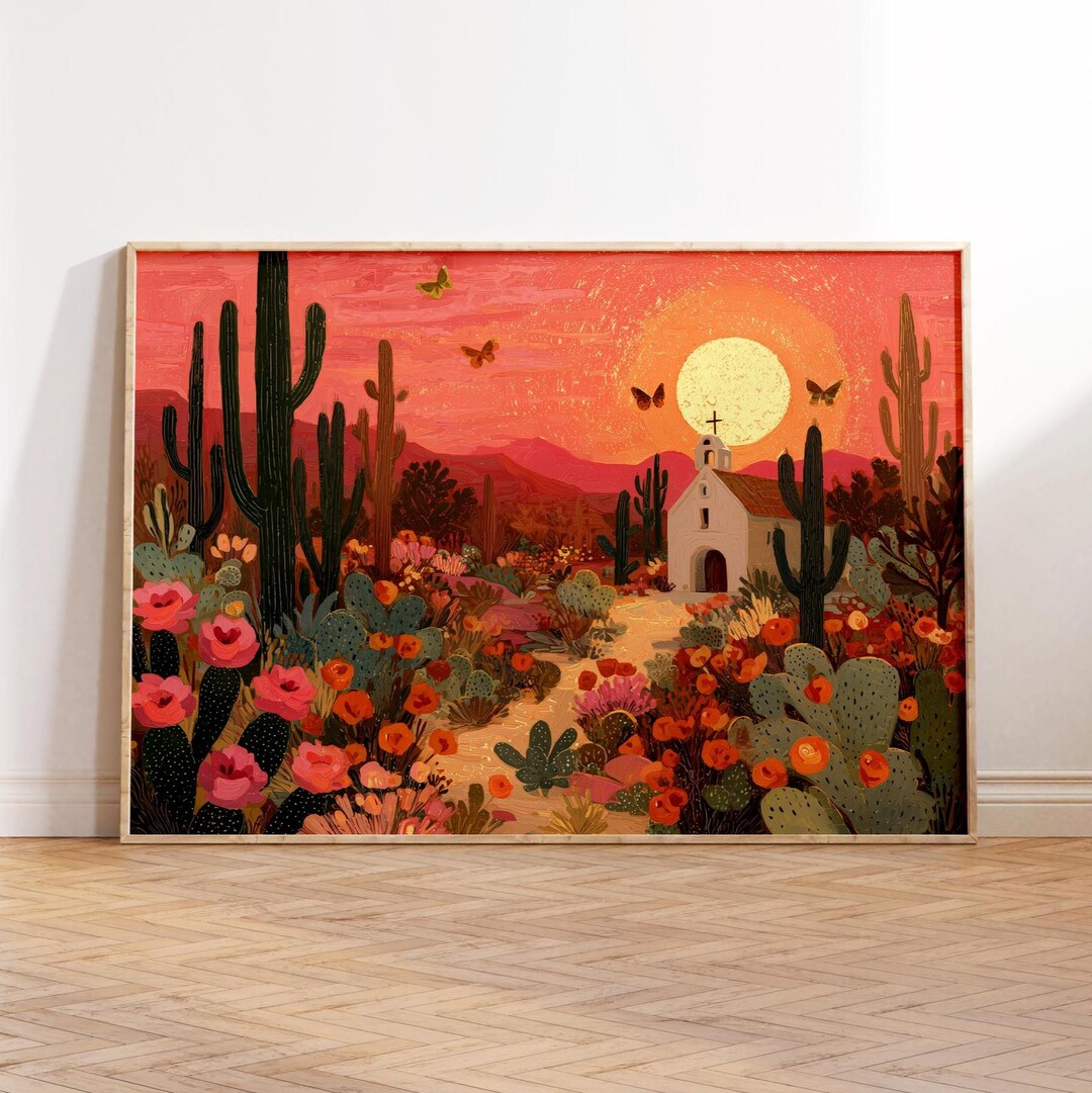Desert Church Digital Print | Mexican Folk Art Wall Art | Cactus Sunset ...