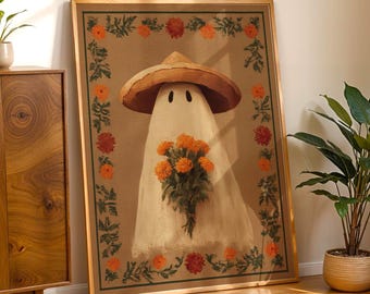 Mexican Ghost Wall Art | Campesino Ghost with Sombrero & Marigolds | Día de los Muertos Folk Art Print | Rustic Halloween Digital Download