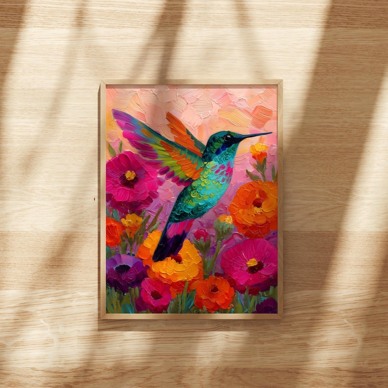 Colorful Hummingbird Art Print | Mexican Folk Art Decor | Bright Floral Wall Art | Boho Bird Printable | Vibrant Nature Digital Download