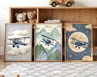Vintage Airplane Nursery Wall Art Set | Flying Biplane Prints Travel Adventure Nursery Decor Set of 3 Prints for Baby Room Digital Print