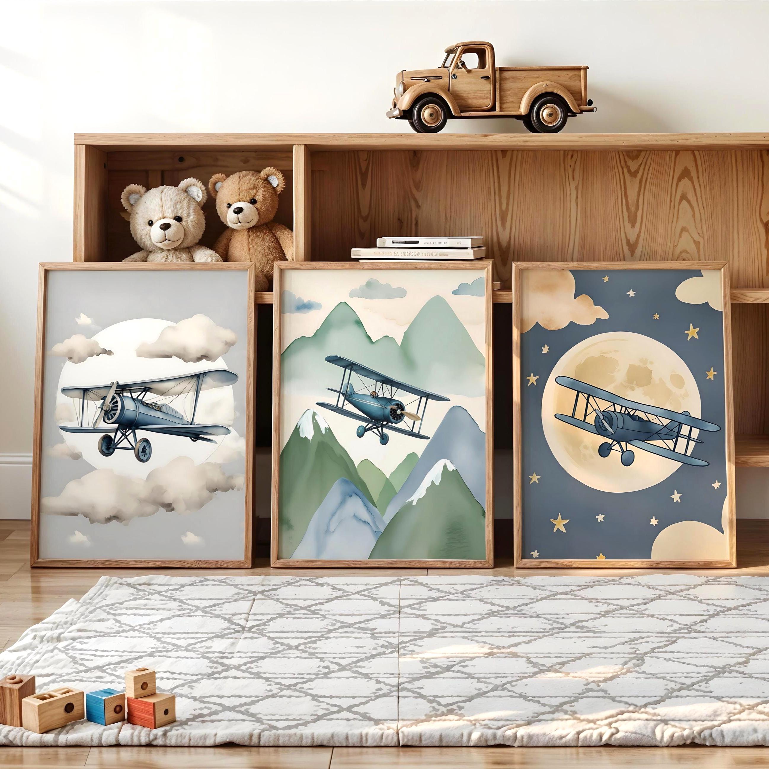 Vintage Airplane Nursery Wall Art Set | Flying Biplane Prints Travel ...