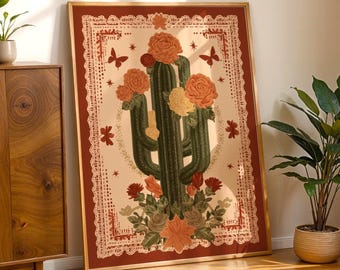 Mexican Folk Art Cactus Digital Print | Desert Wall Art with Flowers & Papel Picado Border | Latinx Heritage Home Decor | Instant Download