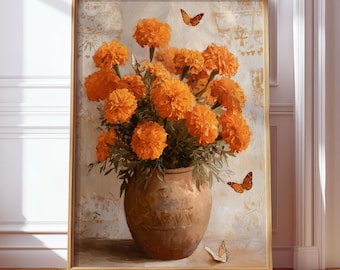 Marigold Wall Art | Monarch Butterfly Digital Print | Día de los Muertos Altar Decor | Mexican Folk Art | Autumn Fall Floral Printable