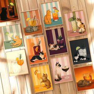 12 Koty Koktajle Cyfrowe Wydruki Zestaw Retro Martini Plakat Aperol Spritz Art Espresso Martini Zabawne Wydruki Kotów Prezent Dla Miłośników Kotów Dekoracje