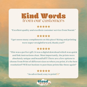 May include: A cream-colored graphic with the text "Kind Words from our customers" in a brown, vintage font. Customer reviews are displayed below, along with a logo for "Cloud Canvas Co."