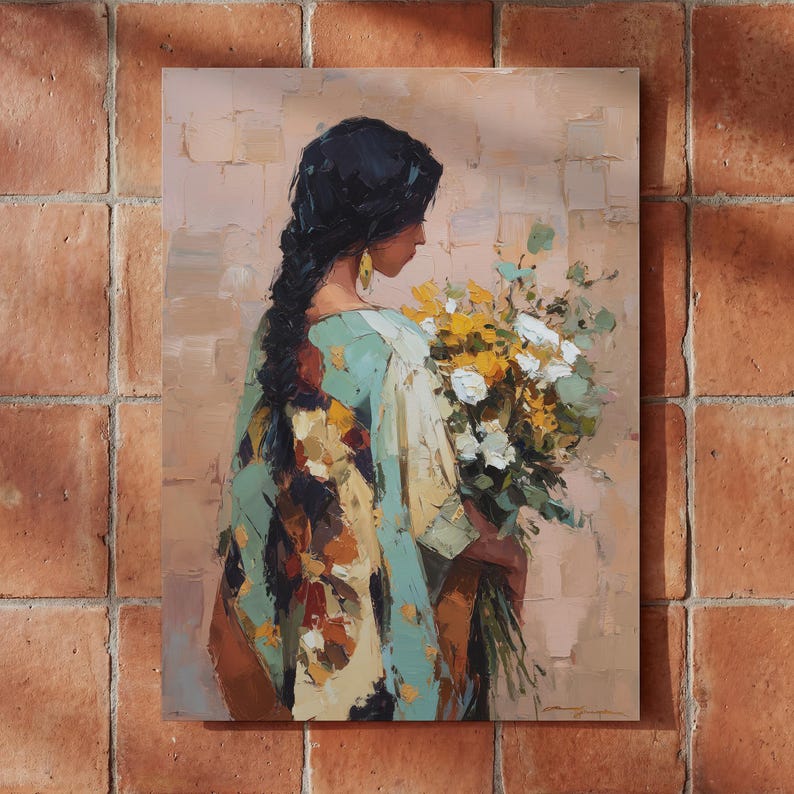 May include: An oil painting on canvas depicting a person with dark hair in a long braid, wearing a light blue patterned garment. The person is shown from the side, holding a large bouquet of yellow and white flowers against a neutral background.
