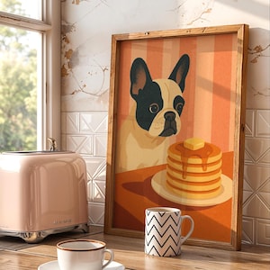 French Bulldog Pancake Print Retro Dog Kitchen Art Funny Digital Wall Art Frenchie Breakfast Decor Restaurant Pancake Poster for Dog Lovers