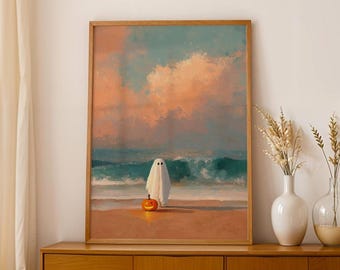 Beach Ghost Halloween Digital Print Coastal Pumpkin Wall Art Cute Ghost Art Spooky Fall Ocean Download Cottagecore Halloween Decor