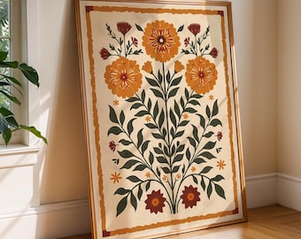 Mexican Folk Art Floral Print Digital Download Hispanic Heritage Wall Art Latinx Boho Decor Rustic Floral Kitchen Print Autumn Flower Poster