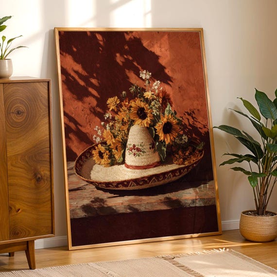 Mexican Sombrero & Sunflowers Print: Rustic Southwestern Folk Art (Digital Download)