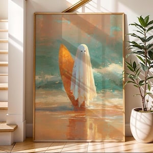 Ghost Surfer Beach Print: Whimsical Coastal Halloween Art (Digital Download