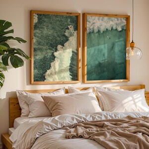 Set of 10 sage green ocean digital prints featuring tiny people swimming, aerial surfers, beach waves, and surfboard wall art. This beachy wall art collection brings a calm, coastal vibe to any space. Perfect for sage green wall art themes, surf-inspired decor, tiny people art collectors, and summer homes. Includes aerial beach prints, surfer wall art, and ocean photography designed for minimalist, coastal, and sage green interiors.