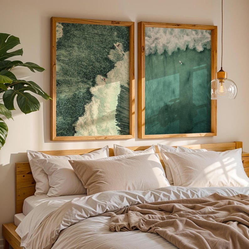 Set of 10 sage green ocean digital prints featuring tiny people swimming, aerial surfers, beach waves, and surfboard wall art. This beachy wall art collection brings a calm, coastal vibe to any space. Perfect for sage green wall art themes, surf-inspired decor, tiny people art collectors, and summer homes. Includes aerial beach prints, surfer wall art, and ocean photography designed for minimalist, coastal, and sage green interiors.