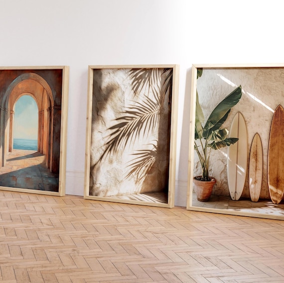 Island Luxe Wall Art Set Neutral Coastal Decor Surfboard Shadow Archway Prints Beach House Boho Aesthetic Mediterranean Art