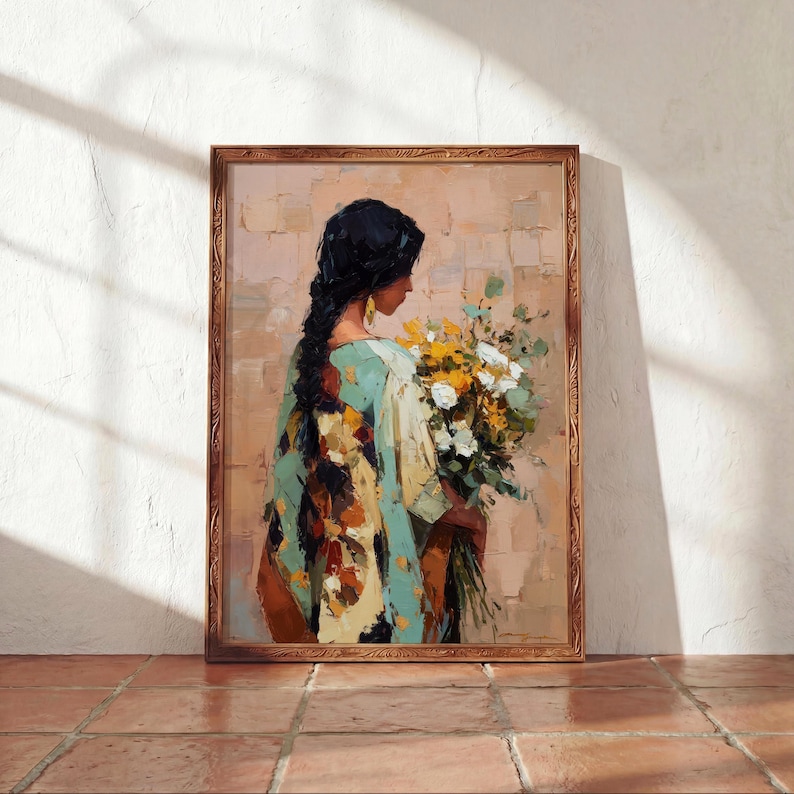 Latina Woman with Marigolds Unframed Poster | Mexican Floral Heritage Wall Art | Cempasúchil Folk Painting Print
