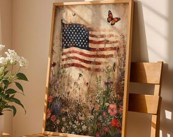 Vintage American Flag Wildflowers Unframed Poster Wall Art Patriotic Print Rustic Fourth of July Decor Country Summer Home Red White Blue
