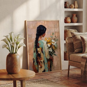 May include: A framed wall art print depicting a person with dark hair in a braid, wearing a patterned teal and orange garment, holding a bouquet of white and yellow flowers against a textured, light-colored, block-style background.