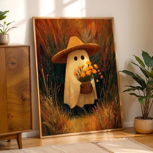 Mexican Ghost Wall Art | Campesino Spirit Marigolds Digital Print | Folk Art Día de los Muertos Halloween Decor | Whimsical Fall Download
