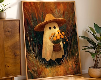 Mexican Ghost Wall Art | Campesino Spirit Marigolds Digital Print | Folk Art Día de los Muertos Halloween Decor | Whimsical Fall Download