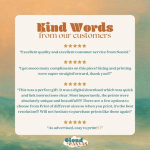 May include: A cream-coloured graphic with the text "Kind Words from our customers" in a brown, vintage font. Customer reviews are displayed below, along with a logo for "Cloud Canvas Co."