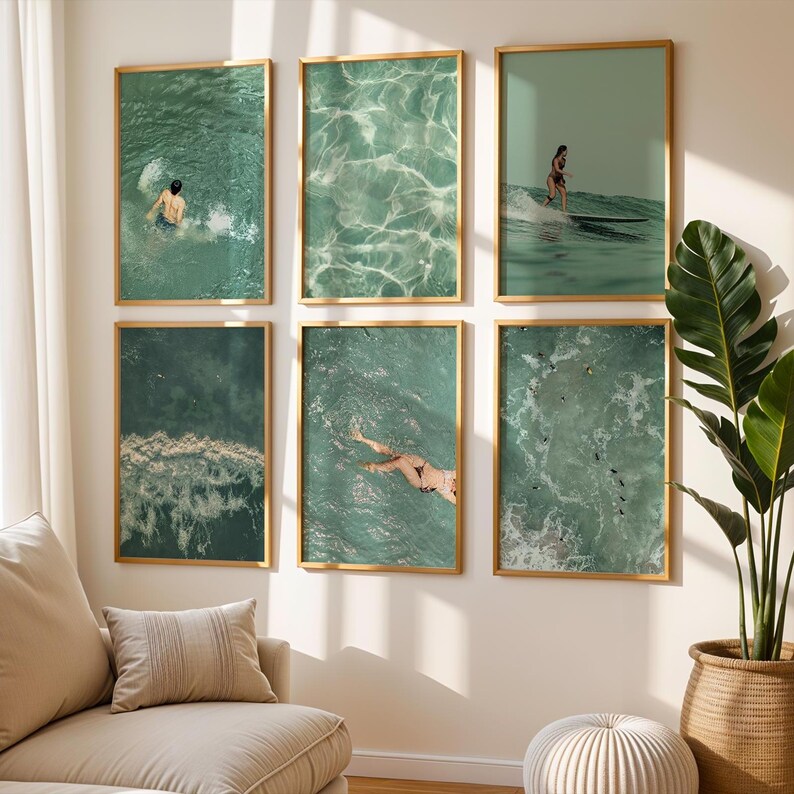 Set of 10 sage green ocean digital prints featuring tiny people swimming, aerial surfers, beach waves, and surfboard wall art. This beachy wall art collection brings a calm, coastal vibe to any space. Perfect for sage green wall art themes, surf-inspired decor, tiny people art collectors, and summer homes. Includes aerial beach prints, surfer wall art, and ocean photography designed for minimalist, coastal, and sage green interiors.