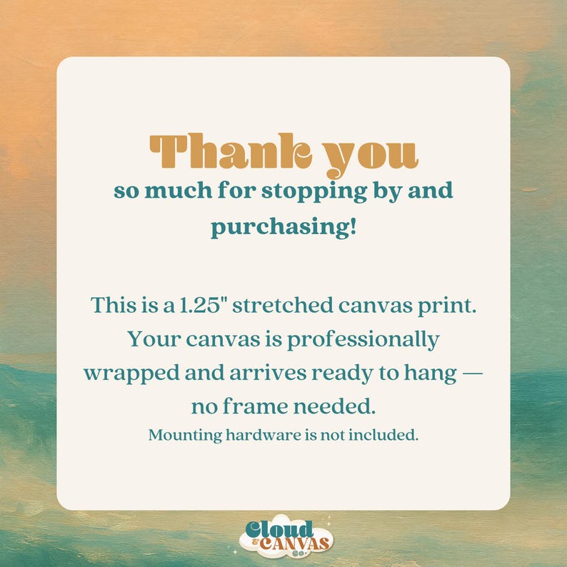 Pode incluir: Uma impress&atilde;o em tela esticada com o texto "Thank you" em uma fonte retr&ocirc;. O texto tamb&eacute;m diz "so much for stopping by and purchasing!" e "Esta &eacute; uma impress&atilde;o em tela esticada de 3,18 cm."