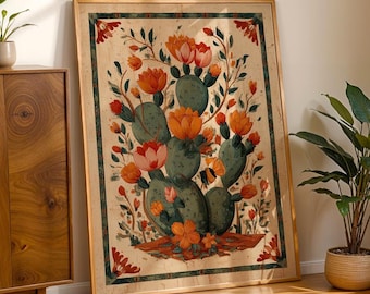 Mexican Cactus Wall Art Digital Download Desert Floral Print Prickly Pear Folk Art Decor Latinx Heritage Boho Vintage Southwestern Printable