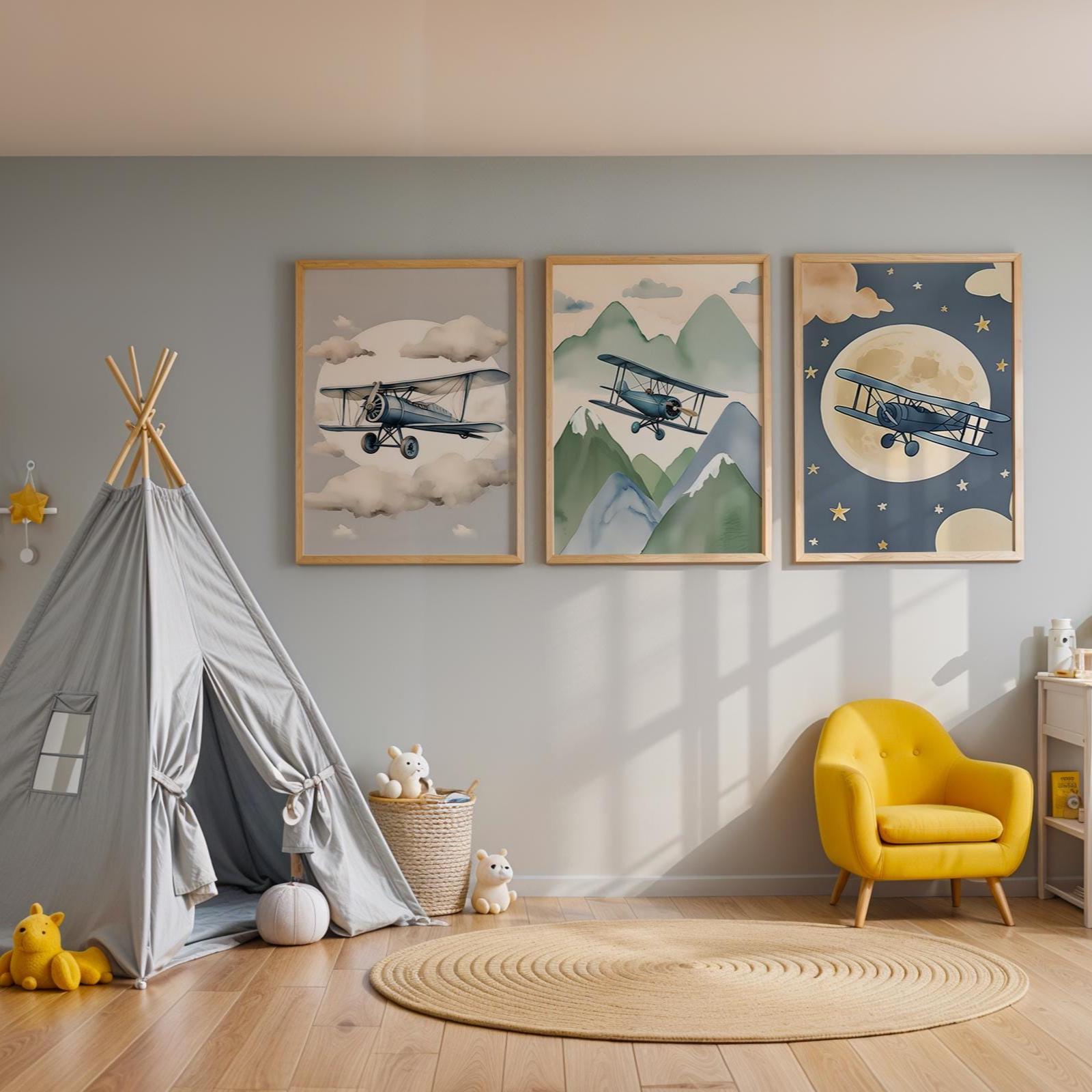 Vintage Airplane Nursery Wall Art Set | Flying Biplane Prints Travel ...