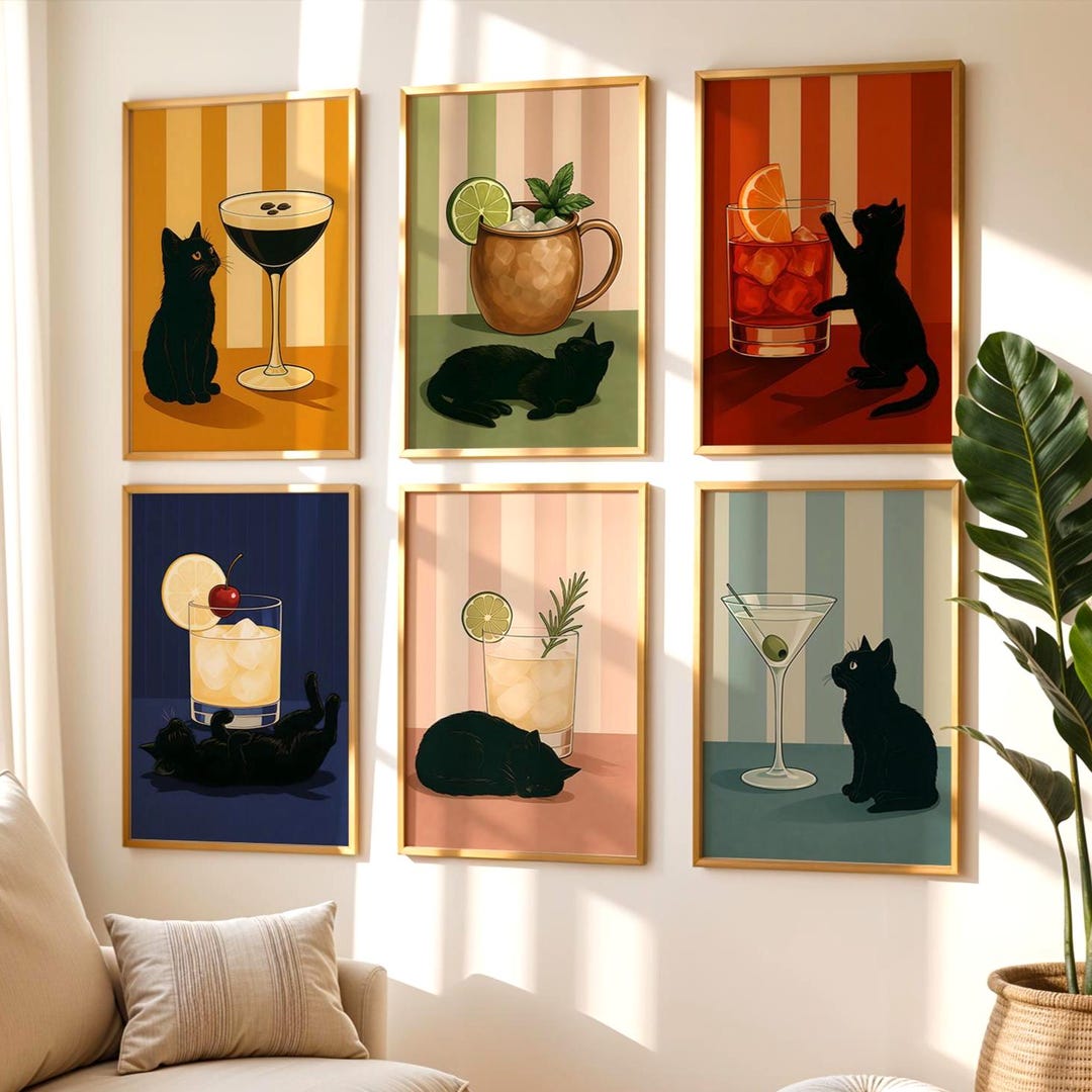 Black Cat Cocktails Wall Art Set of 6 Digital Prints Retro Bar Decor ...