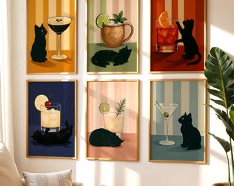 Black Cat Cocktails Wall Art Set of 6 Digital Prints Retro Bar Decor Cat Vintage Cocktail Art Abstract Cat Bar Cart Print Funny Cat Poster