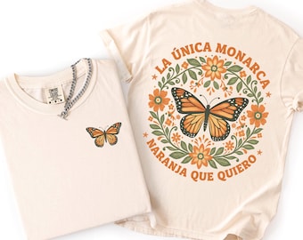 Oranje overhemd met monarchvlinder | Mexicaanse volkskunst T-shirt | Anti-MAGA Resist T-shirt | Shirt pro-democratie | Nature & Latina Pride-shirt met print