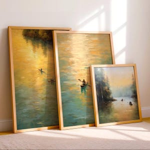 Canoe Lake Life Wall Art Set of 3 Golden Hour Rowboat Print Rustic Cabin Decor Sage River Painting Tiny People Lakehouse Digital Download