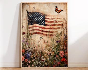 Arte de parede vintage com bandeira americana e flores silvestres, impressão digital patriótica, decoração rústica para o Quatro de Julho, casa de campo, verão, download, vermelho, branco e azul.