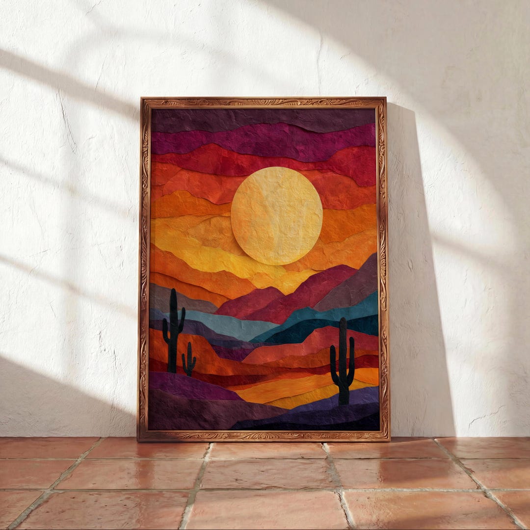 Desert Sunset Wall Art | Southwestern Landscape Print | Cactus Mountain ...