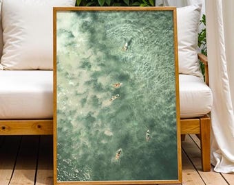 Sage Green Tiny Surfers Wall Art Unframed Poster Ocean Waves Surfboard Retro Sun Beach House Swimming Decor Beachy Surf Aerial Photography